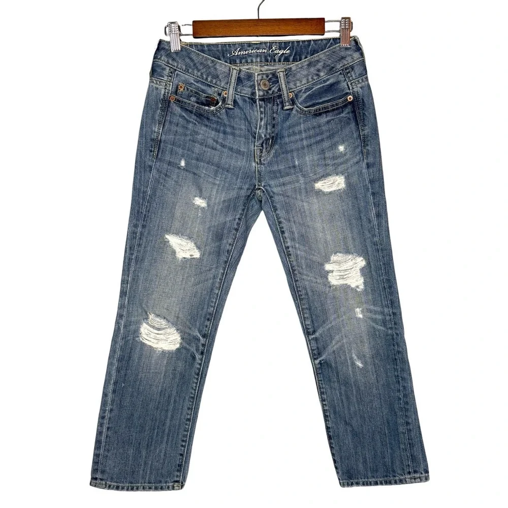 Y2K American Eagle 00 Boy Fit Cropped Low Rise Jeans Blue Distressed Denim Capri